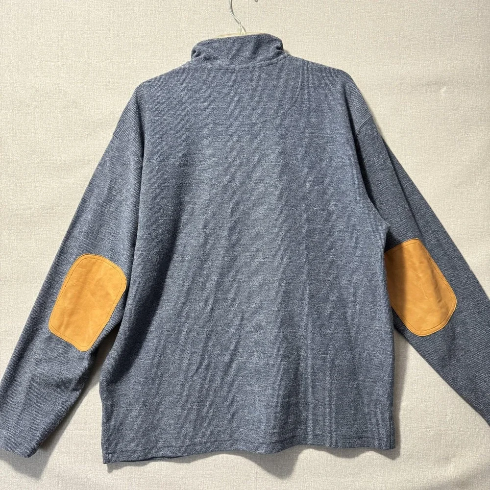 Orvis Sweater Mens Large Blue Quarter‎ Zip Mock Neck Leather Trim Elbow Patches